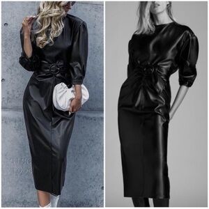 Zara Bloggers Favorite Black Faux Leather Draped Midi Dress Size L